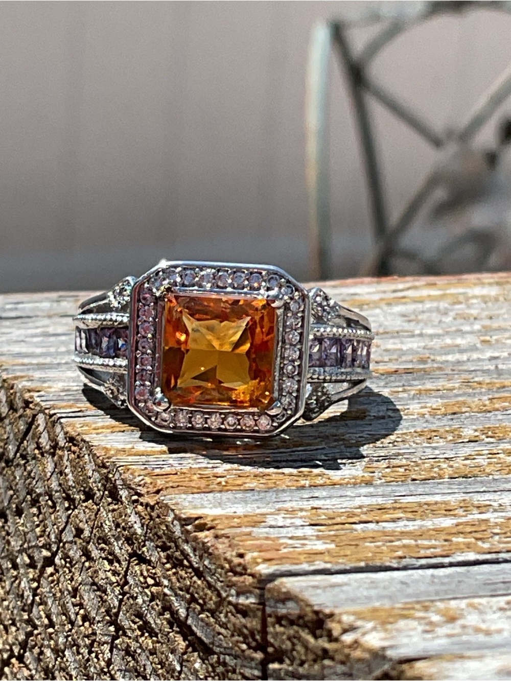 Yellow Topaz and CZ Silver Ring 7